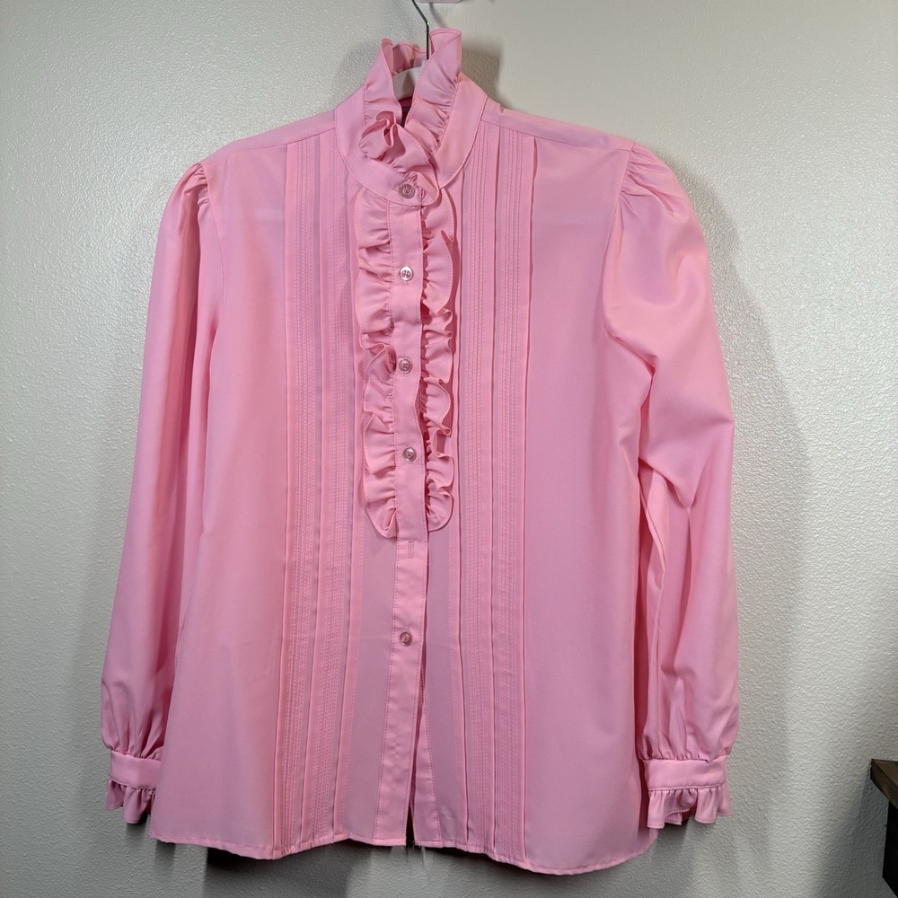 VTG 80s Pink Long Sleeve Button Up Ruffle Prairie Blouse By David Peet